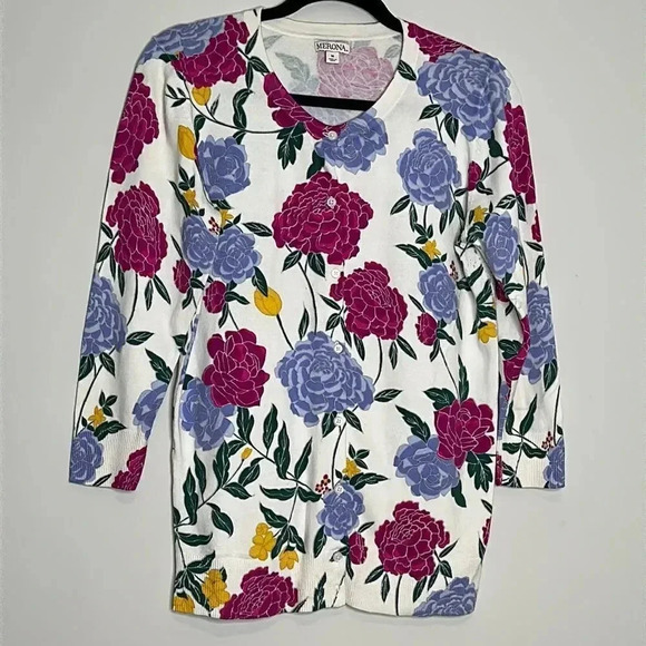 Merona Women's Cardigan Sweater Size M Floral Stretch Knit 3/4 Sleeve Colorful - Picture 1 of 10